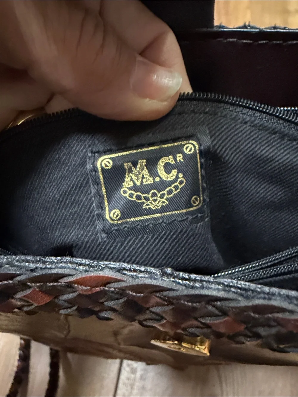 Vintage Sharif Brown Braided Leather Shoulder Bag with Gold Emblem